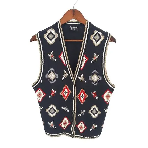 Vintage Southern Lady Black Diamond Print Grandma Knit Sweater Vest Sz Large - Picture 1 of 7